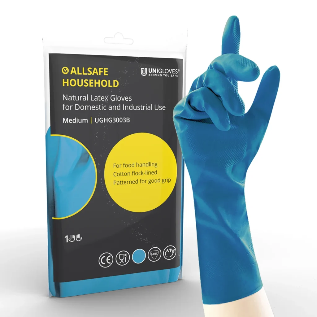 Household Blue Flock Lined Rubber Gloves - 1 Pair of Large