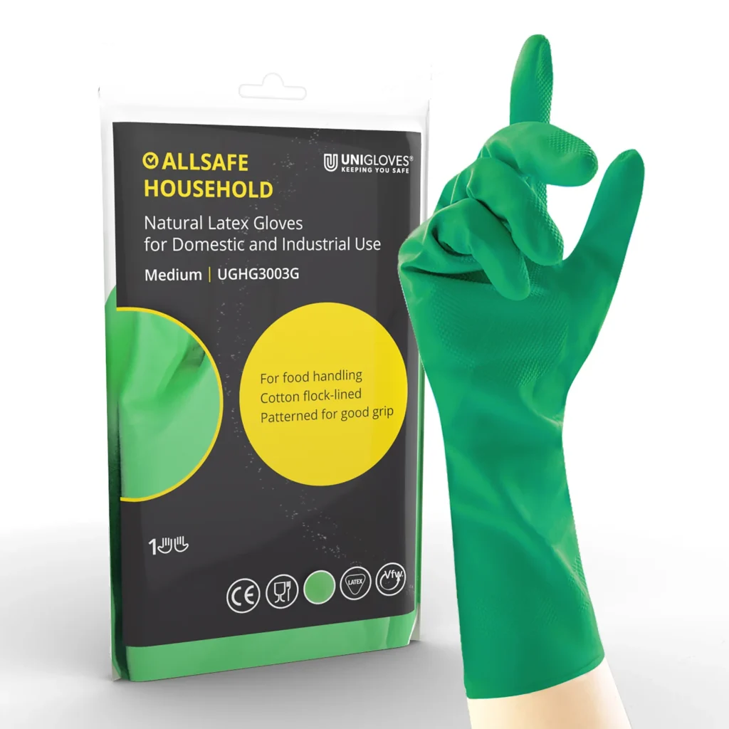 Household Green Flock Lined Rubber Gloves - 1 Pair of Large