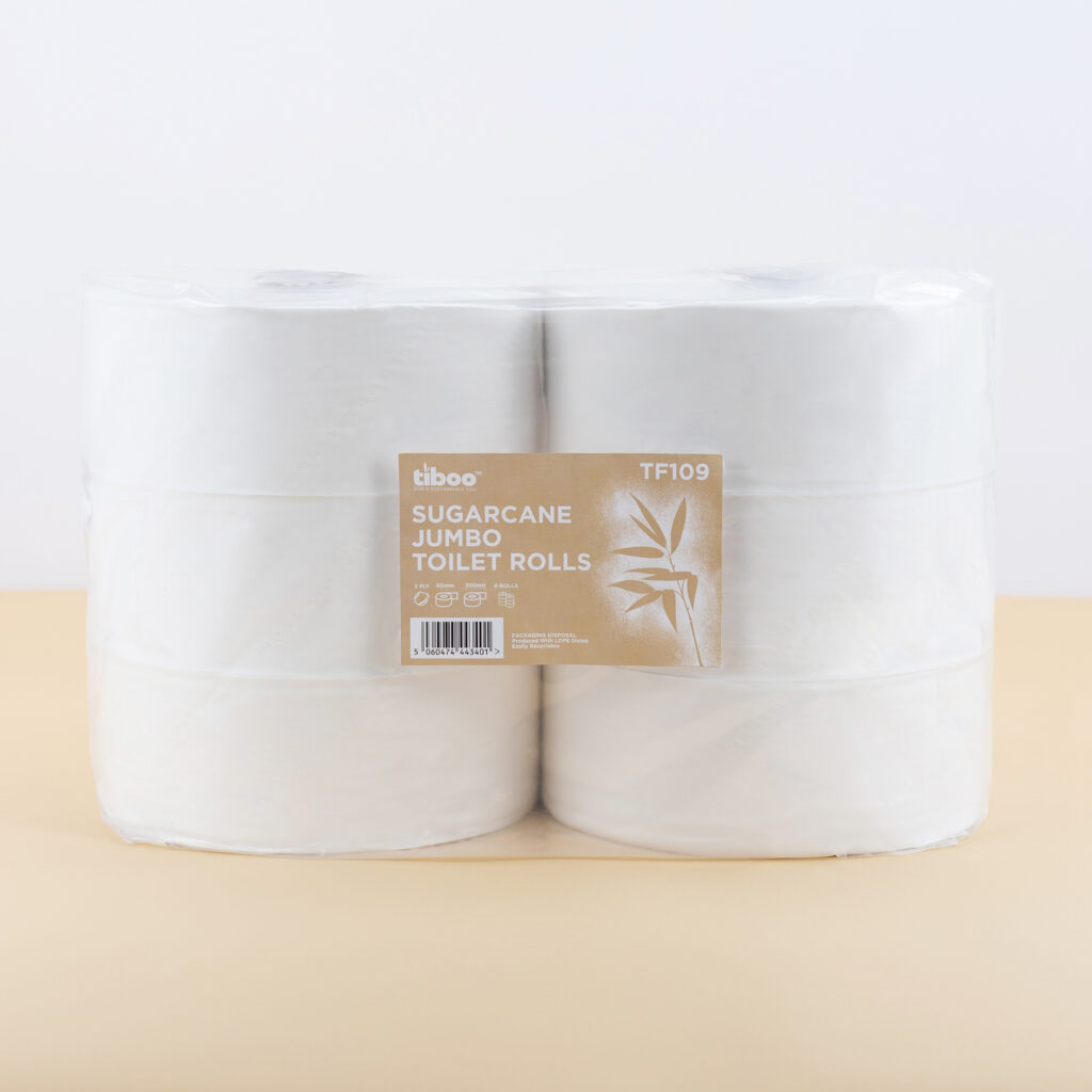 Tiboo White 2-Ply Jumbo Toilet Roll 60mm - Case of 6 x 300m